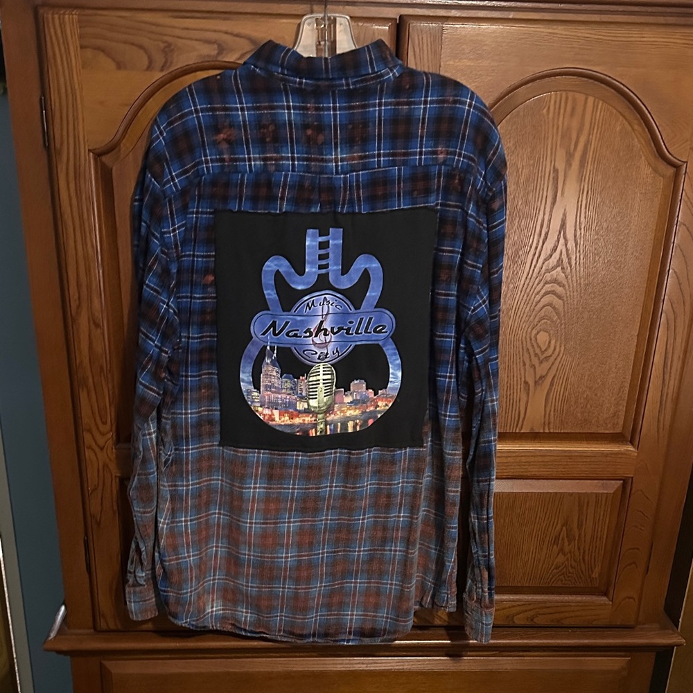 Nashville Music City upcycled bleached flannel tee One of a Kind made by me